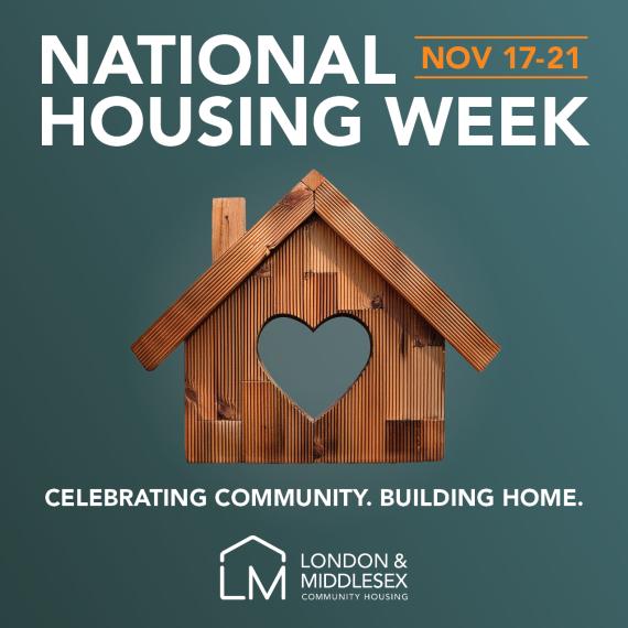 National Housing Week words with wood house on a green background